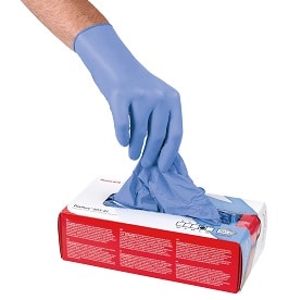 Caja de guantes desechable de nitrilo sin polvo. Aptos para manipulación de alimentos.